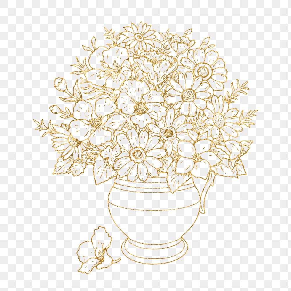 Flower vase png sticker, gold aesthetic illustration, transparent background