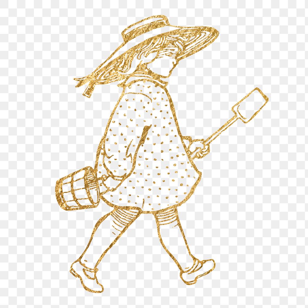 Png girl holding shovel sticker, aesthetic illustration, transparent background