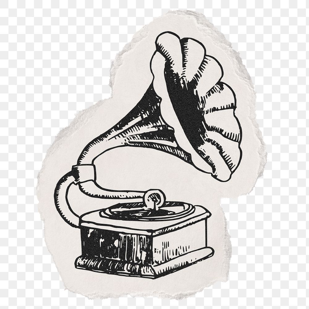 Gramophone png sticker, ripped paper illustration, transparent background