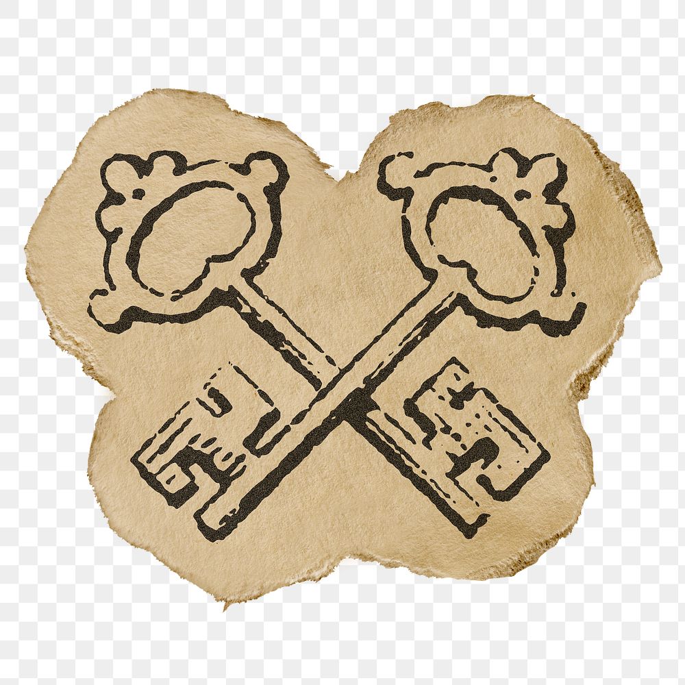 Crossed keys png sticker, ripped paper, object illustration, transparent background
