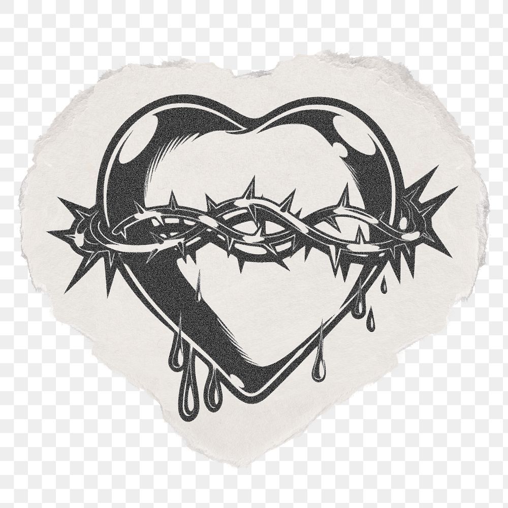 Sacred heart png sticker, ripped paper, vintage illustration, transparent background