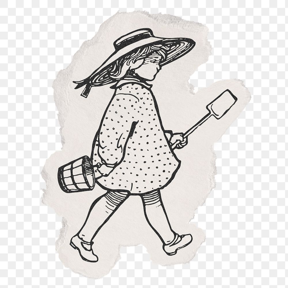 Png girl holding shovel sticker, ripped paper, vintage illustration, transparent background