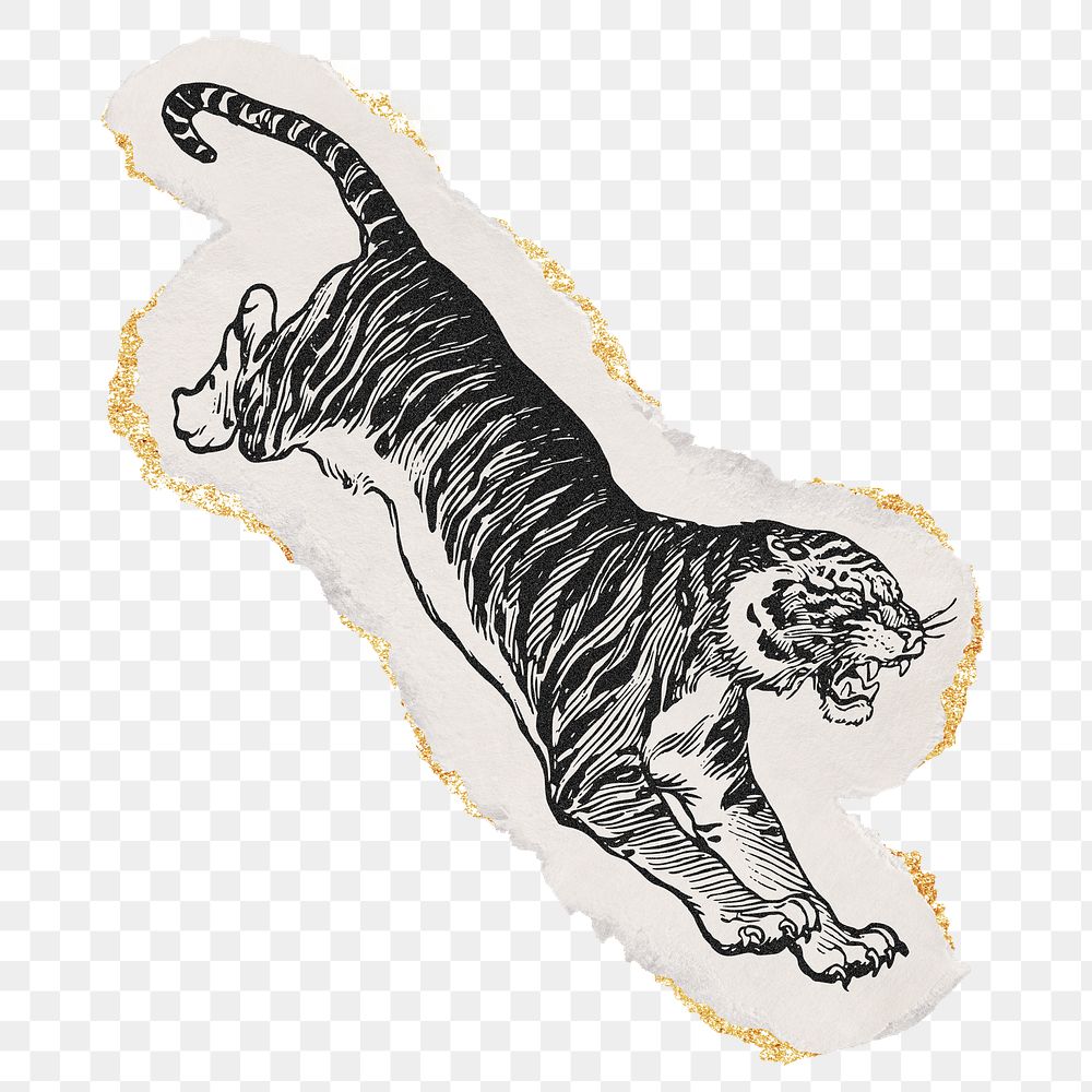 Jumping tiger png sticker, ripped paper, gold glitter illustration, transparent background