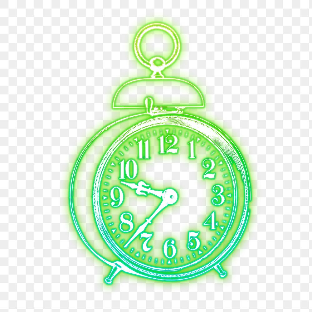 Alarm clock png sticker, green neon illustration, transparent background