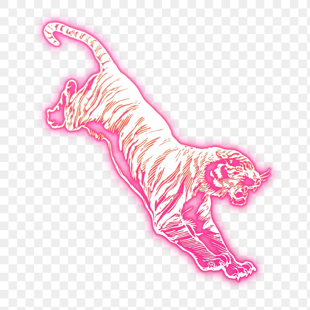 Jumping tiger png sticker, pink neon, animal illustration, transparent background