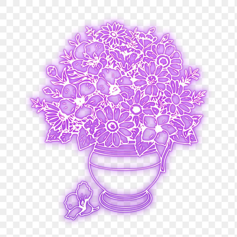 Flower vase png sticker, purple neon illustration, transparent background