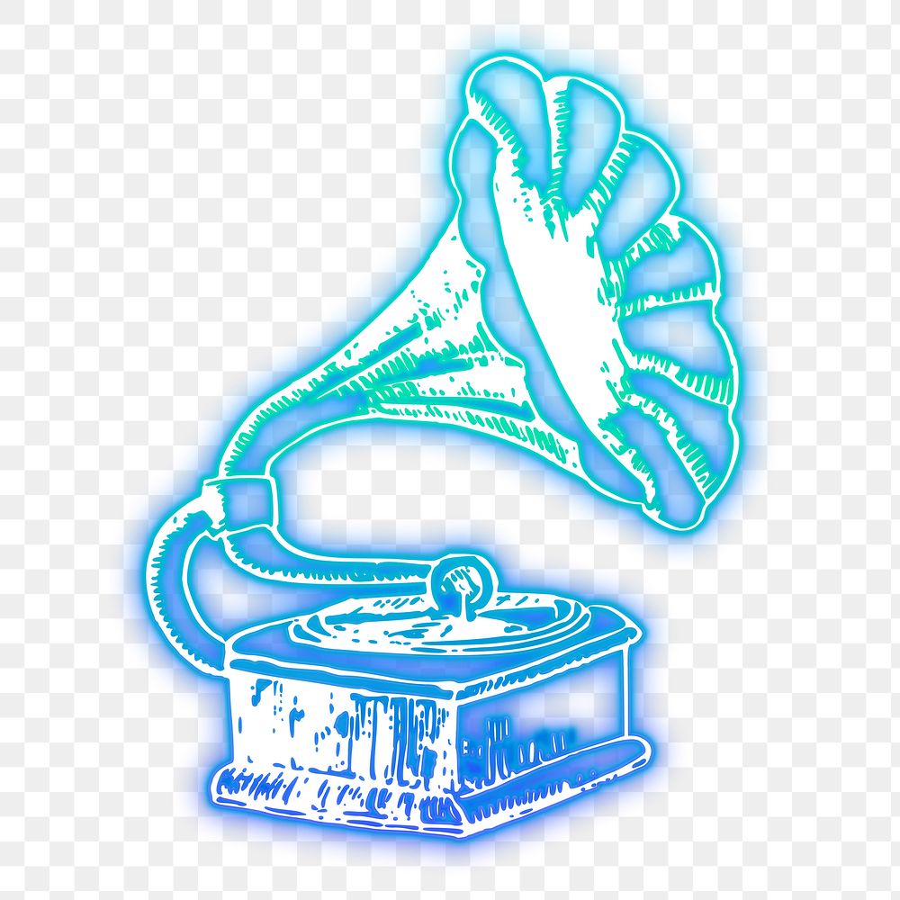 Gramophone png sticker, blue neon, record player illustration, transparent background