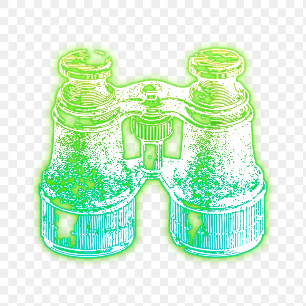 Binoculars png sticker, green neon illustration, transparent background