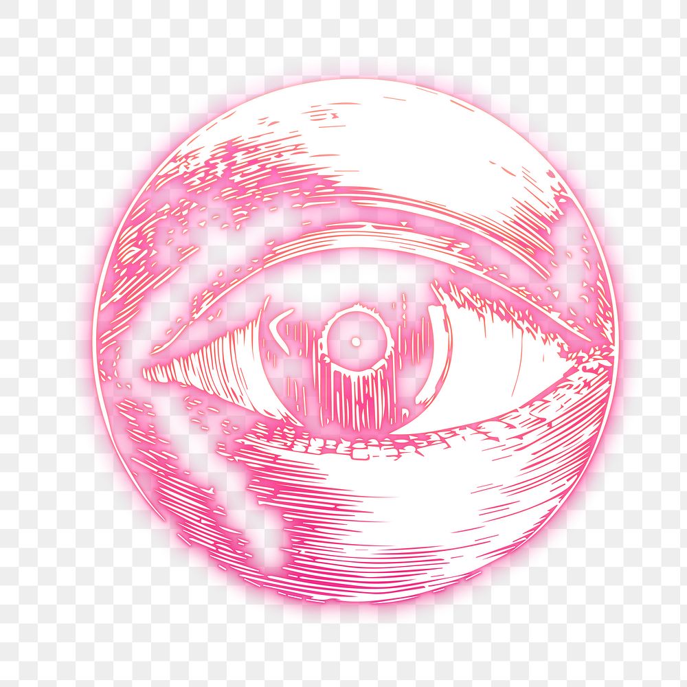 Eye etching png sticker, pink neon, vintage illustration, transparent background