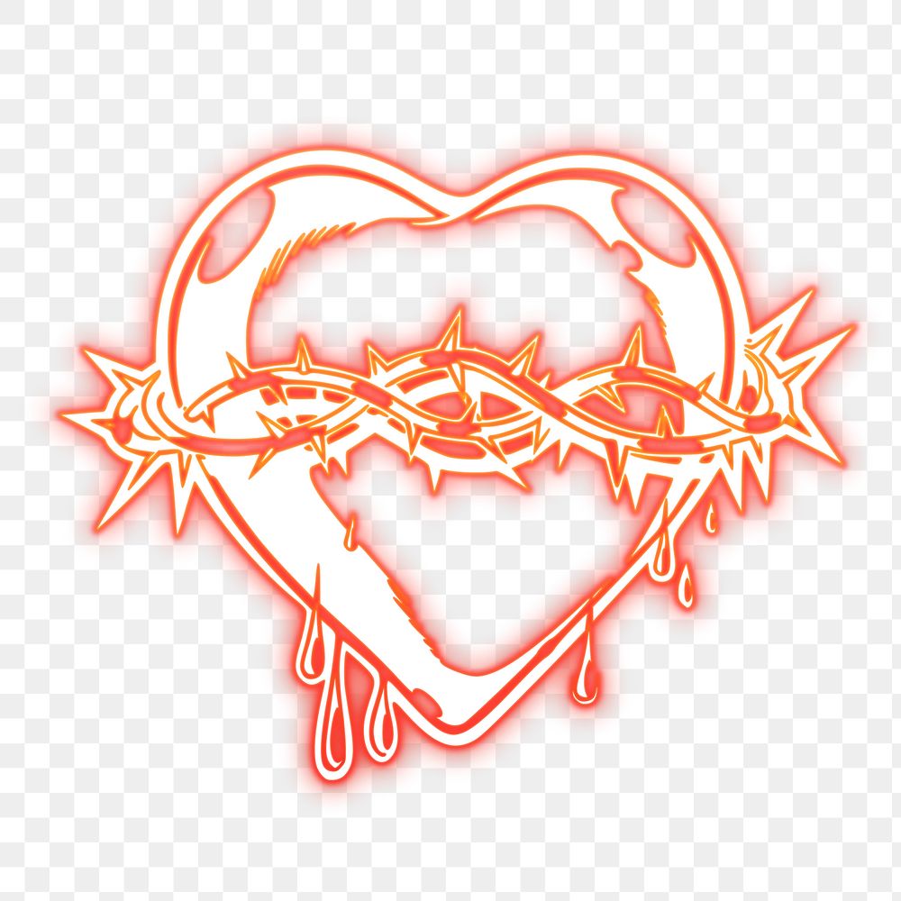 Sacred heart png sticker, red neon, cyberpunk illustration, transparent background