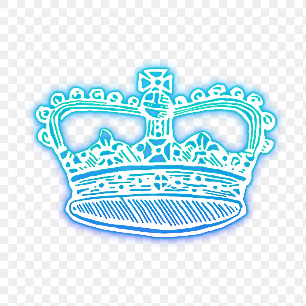 Crown png sticker, blue neon, object illustration, transparent background