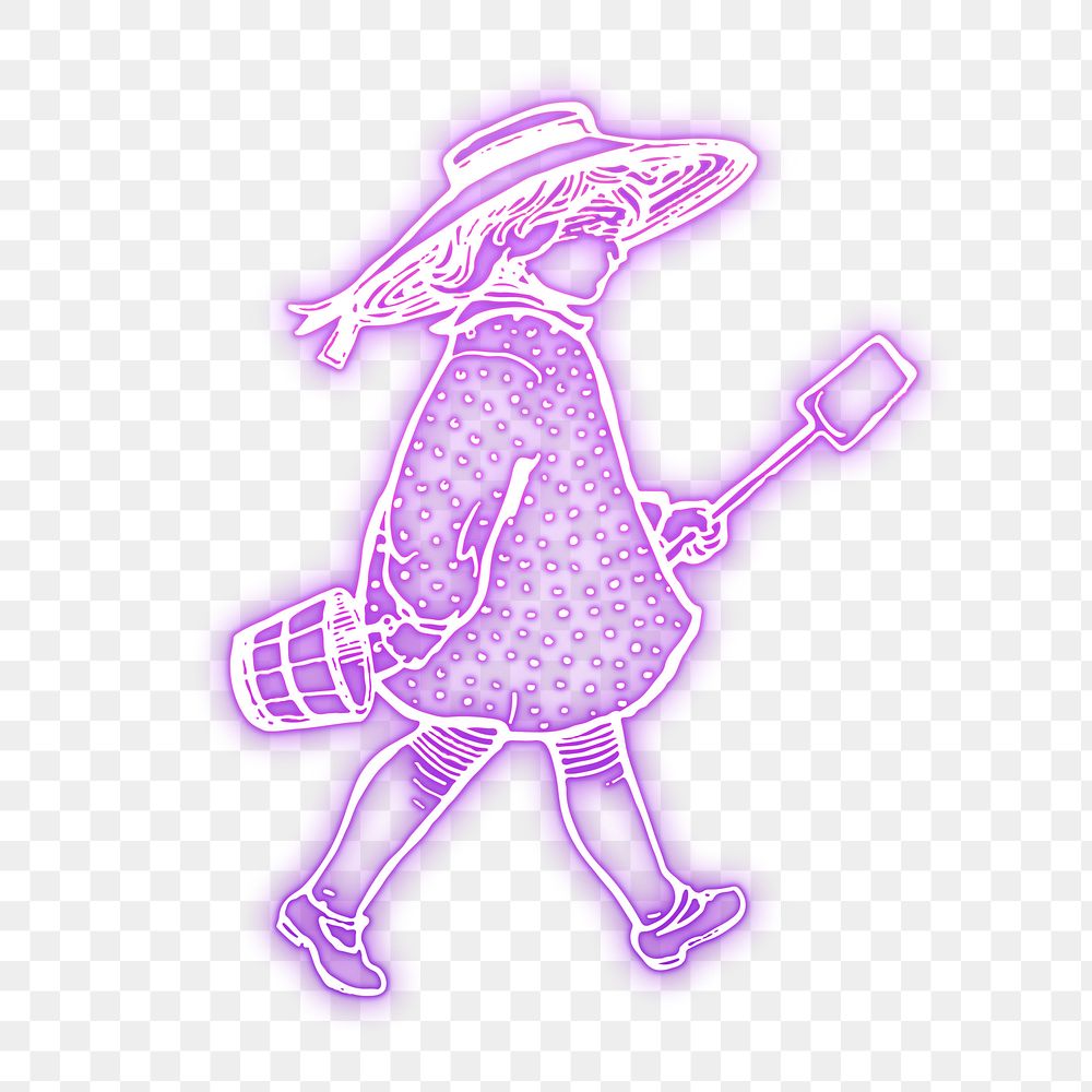 Little girl png sticker, purple neon illustration, transparent background