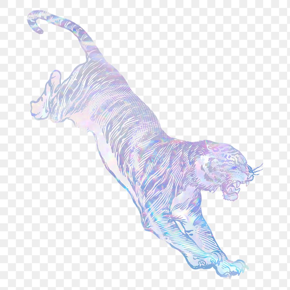 Tiger png sticker, aesthetic holographic illustration, transparent background