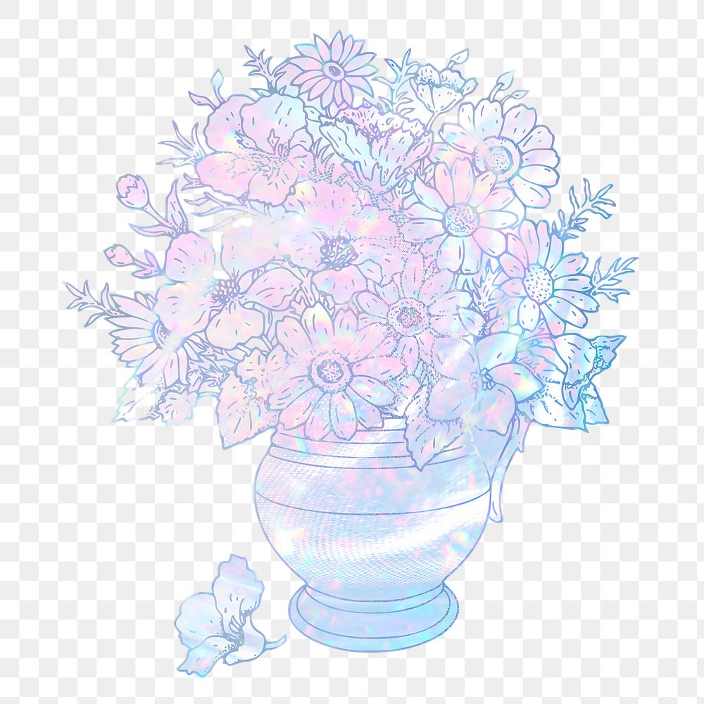 Flower vase png sticker, aesthetic holographic illustration, transparent background