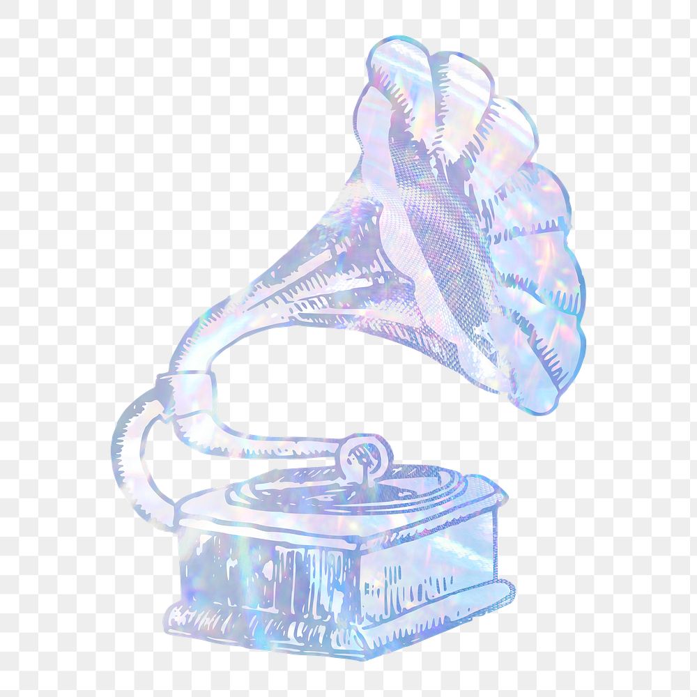 Gramophone png sticker, aesthetic holographic illustration, transparent background