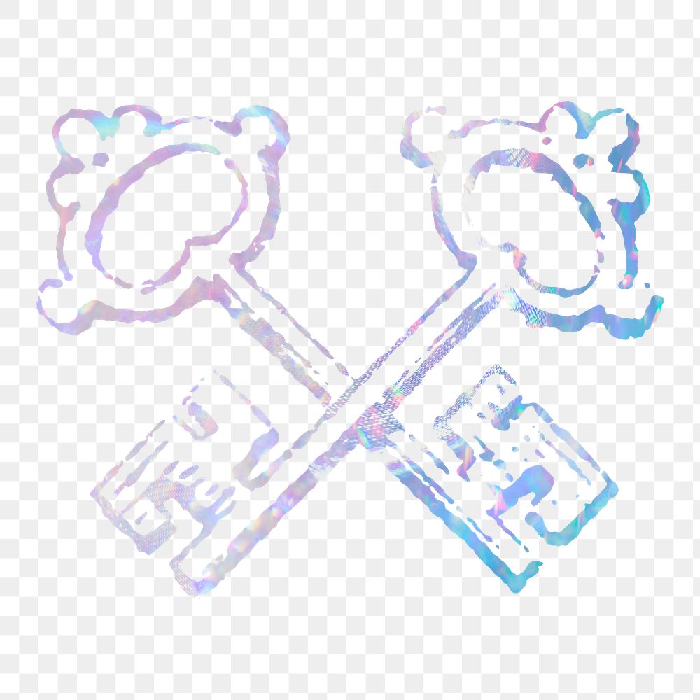 Crossed keys png sticker, aesthetic holographic illustration, transparent background