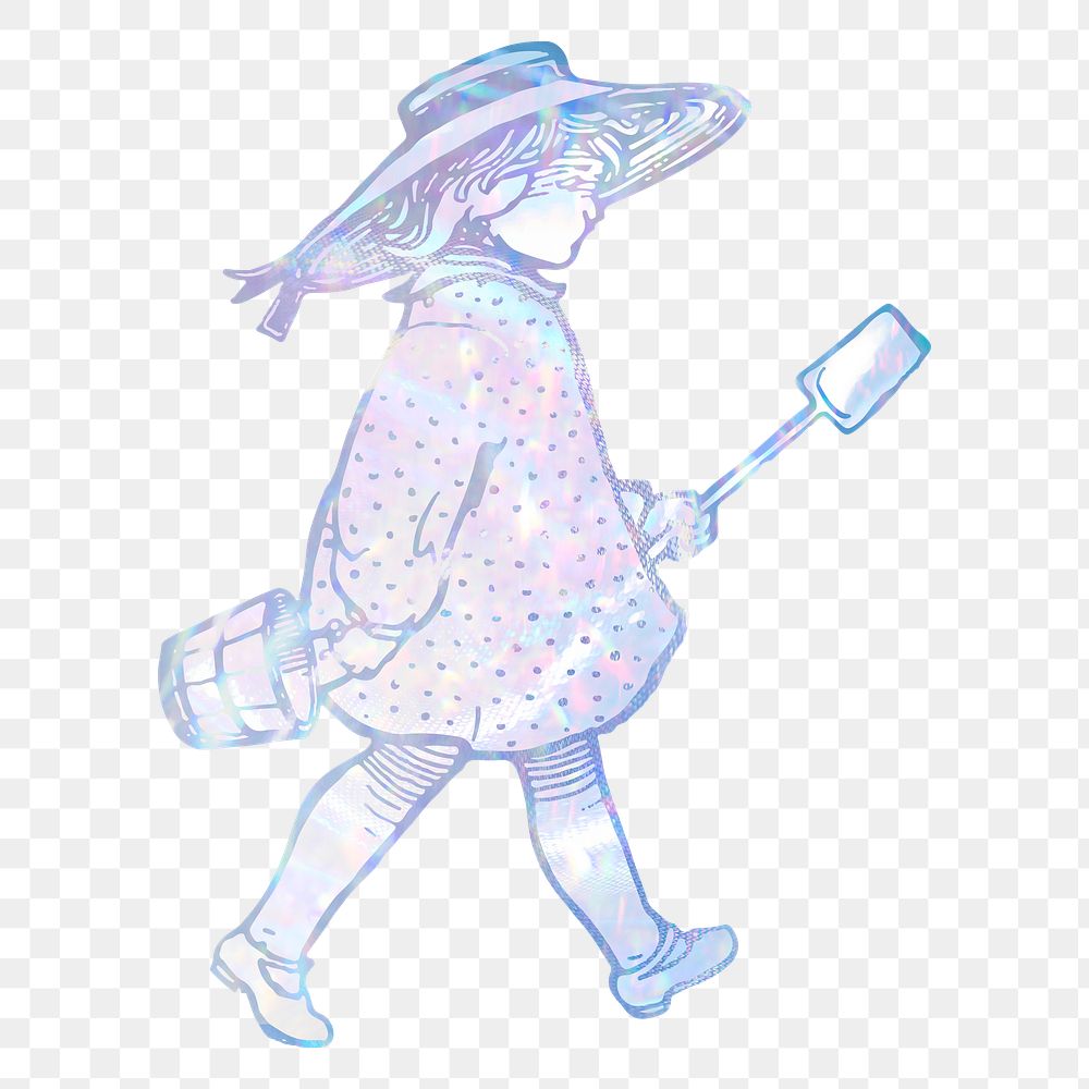 Little girl png sticker, aesthetic holographic illustration, transparent background
