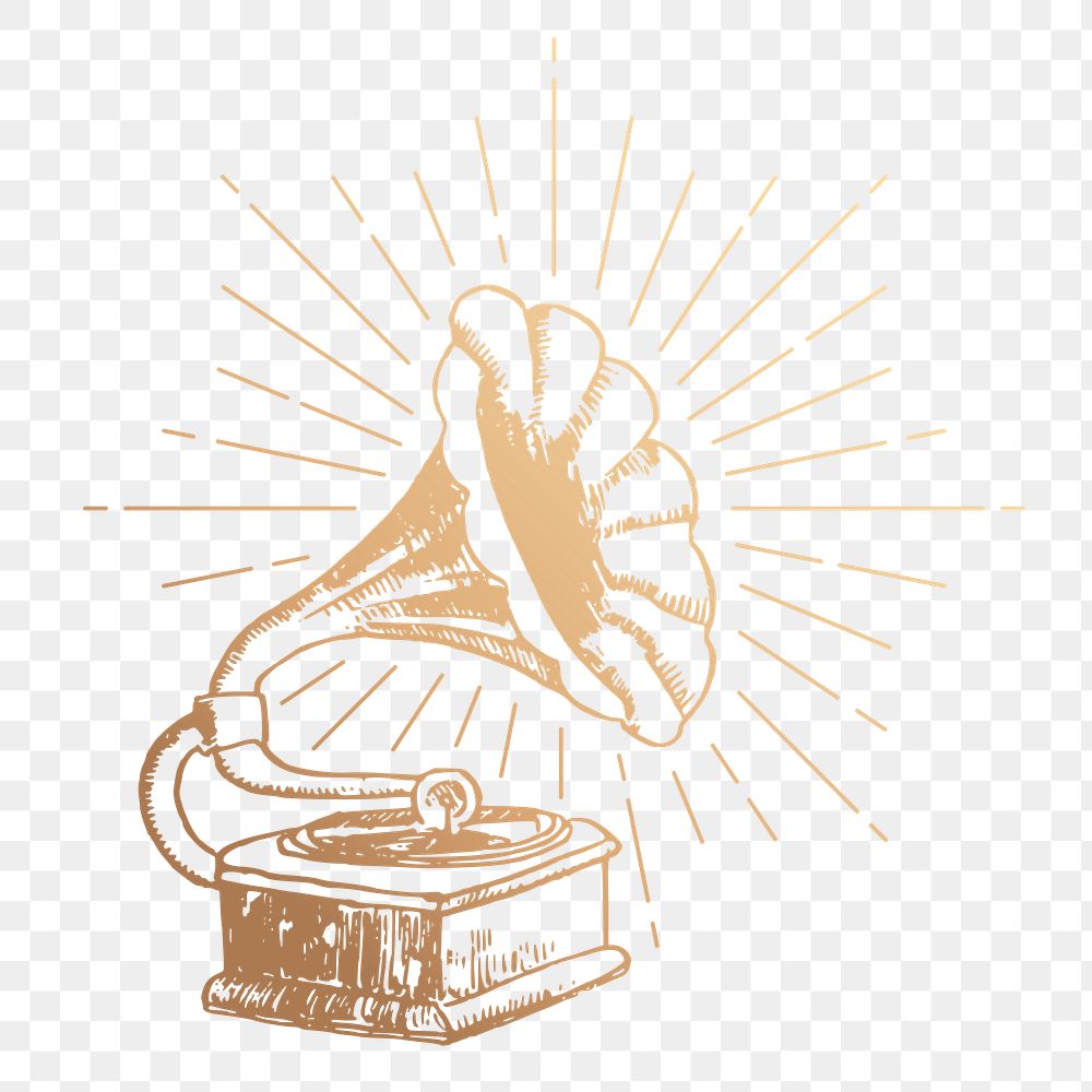 Gramophone png sticker, vintage record player gold illustration, transparent background