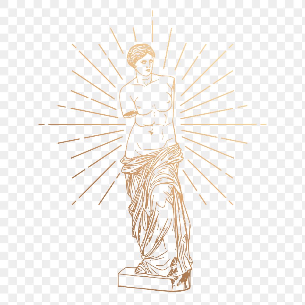 Png nude Greek goddess statue sticker, vintage gold illustration, transparent background