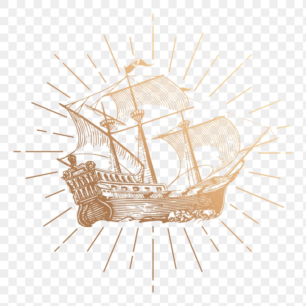 Sailing ship png sticker, vintage gold illustration, transparent background