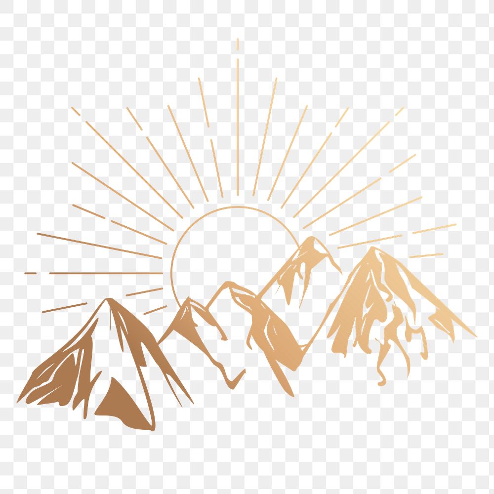 Mountain sunrise png sticker, aesthetic nature gold illustration, transparent background