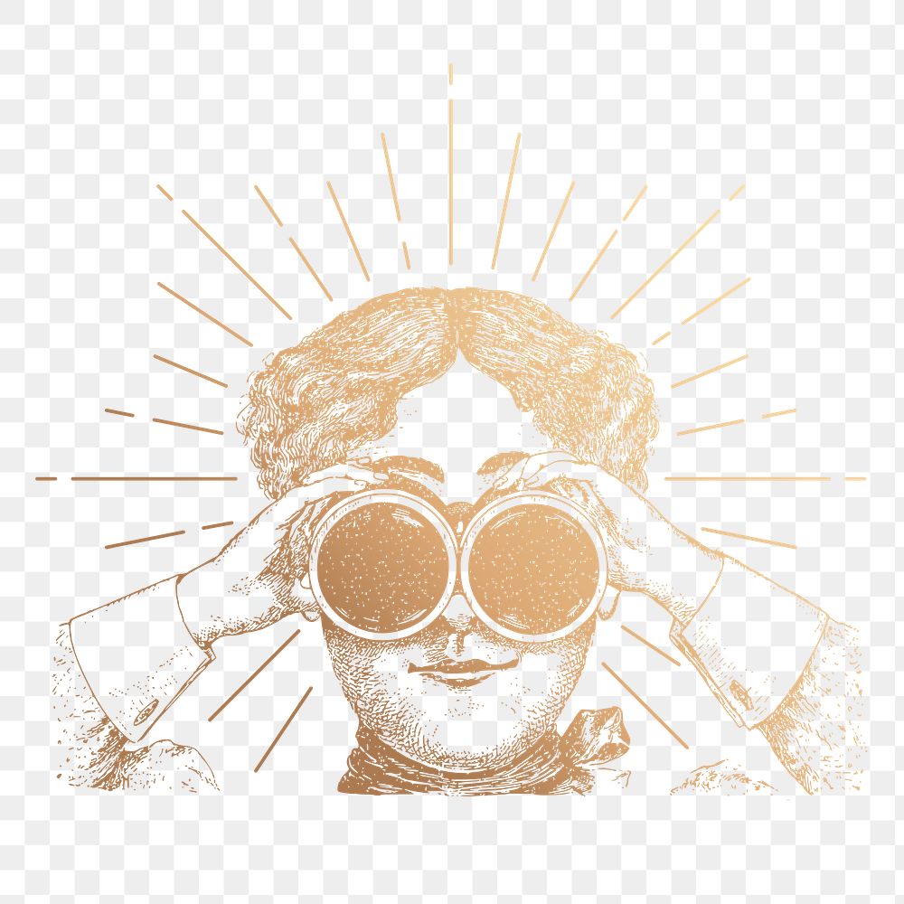 Png adventurer using binoculars sticker, vintage gold illustration, transparent background
