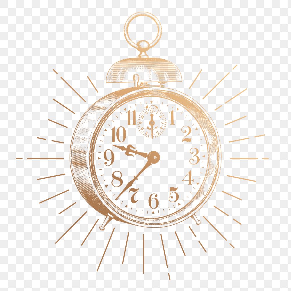 Alarm clock png sticker, vintage object gold illustration, transparent background