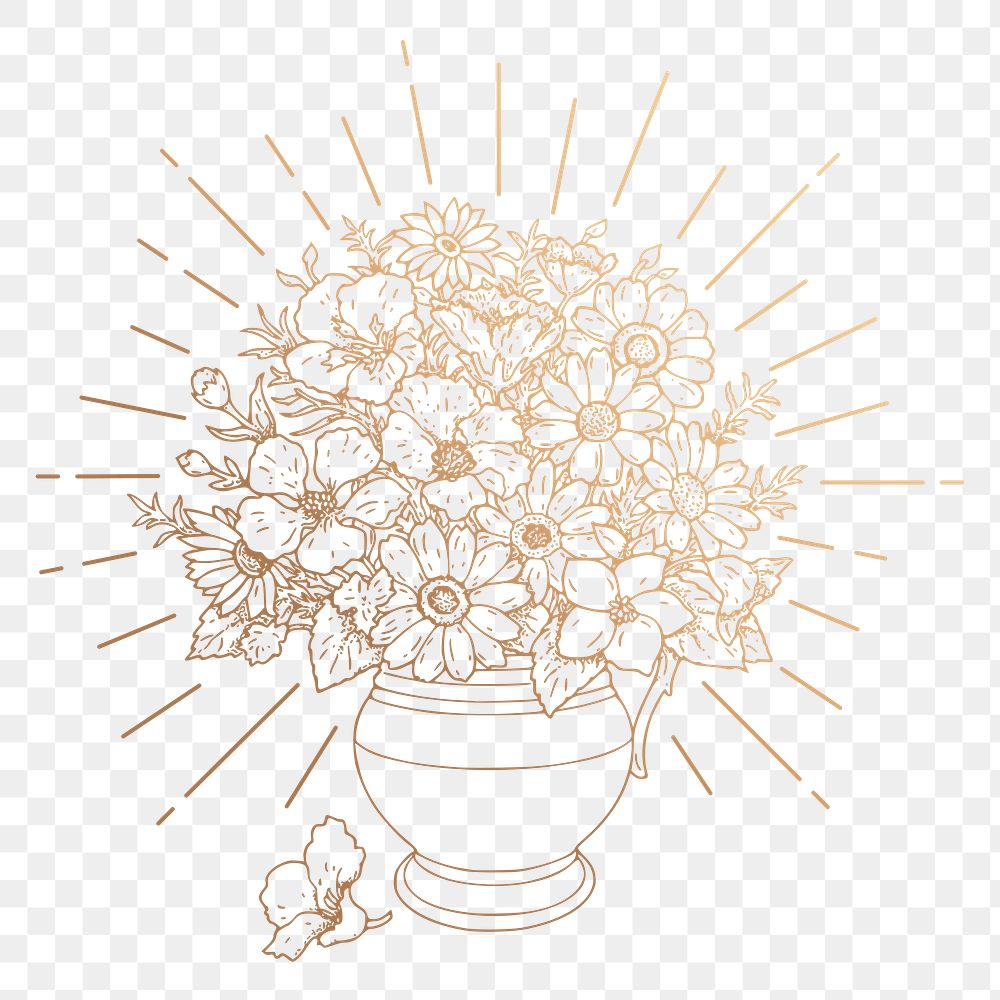 Flower vase png sticker, vintage gold illustration, transparent background