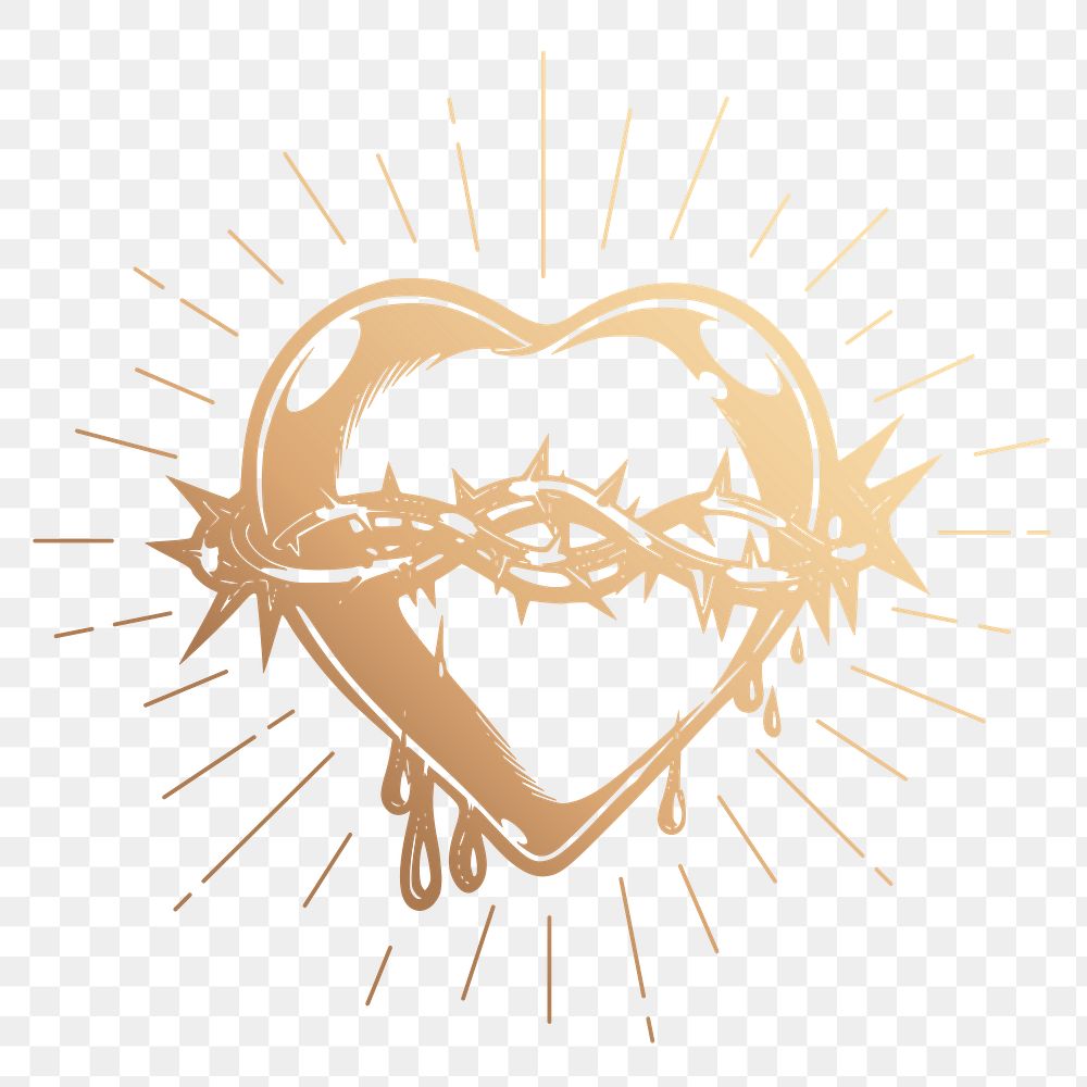 Sacred heart png sticker, aesthetic gold illustration, transparent background