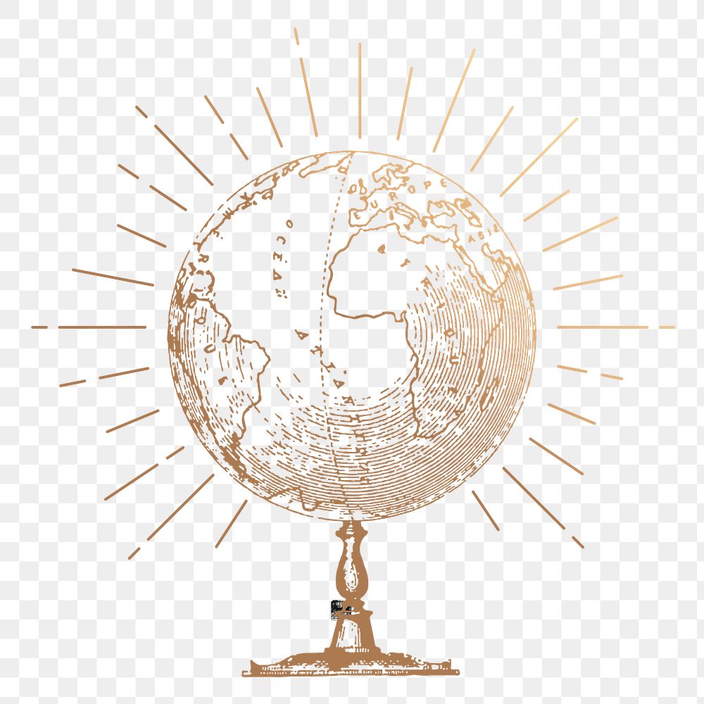 Globe png sticker, education, aesthetic gold illustration, transparent background