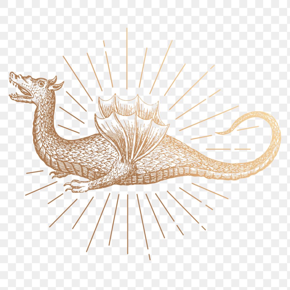 Magical dragon png sticker, vintage mythical creature gold illustration, transparent background
