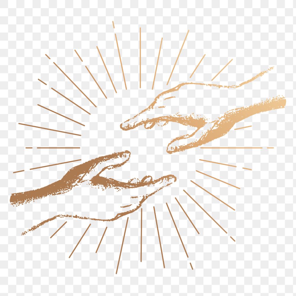 Helping hands png sticker, mystical gold illustration, transparent background
