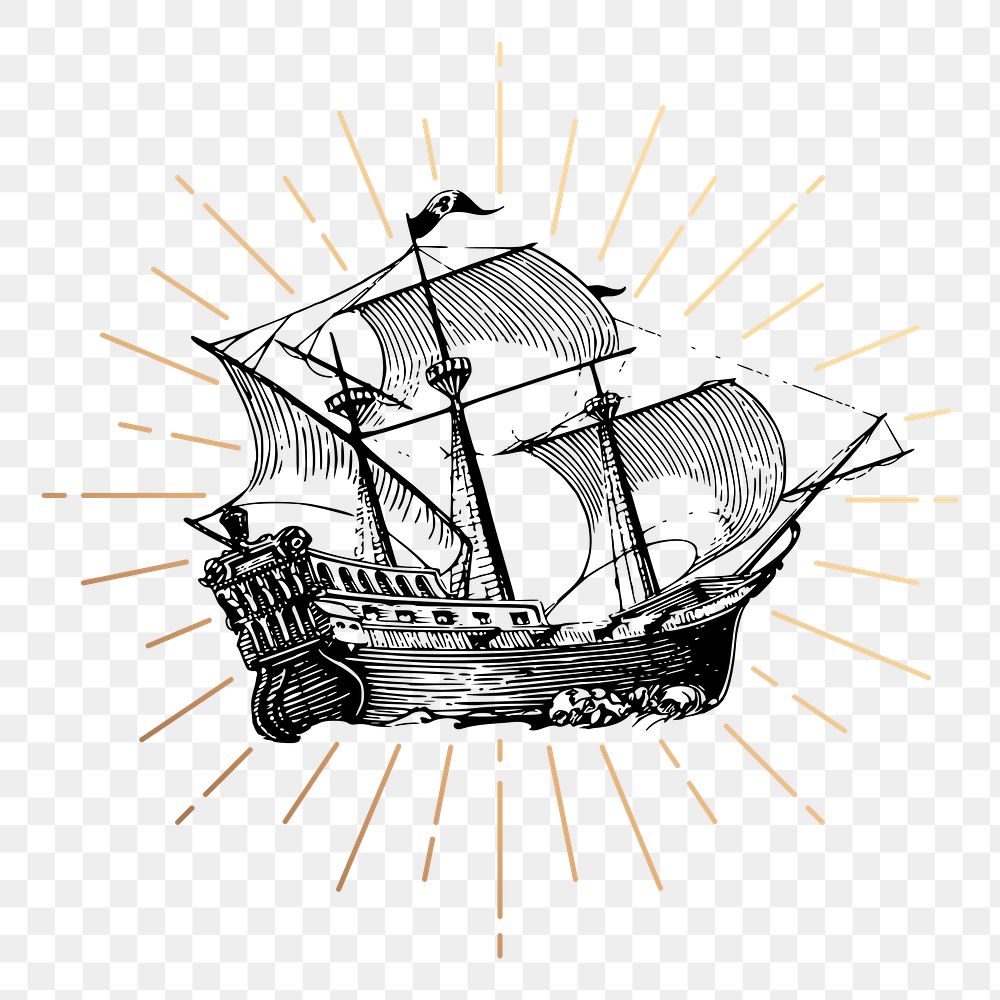 Sailing ship png sticker, vintage adventure illustration, transparent background