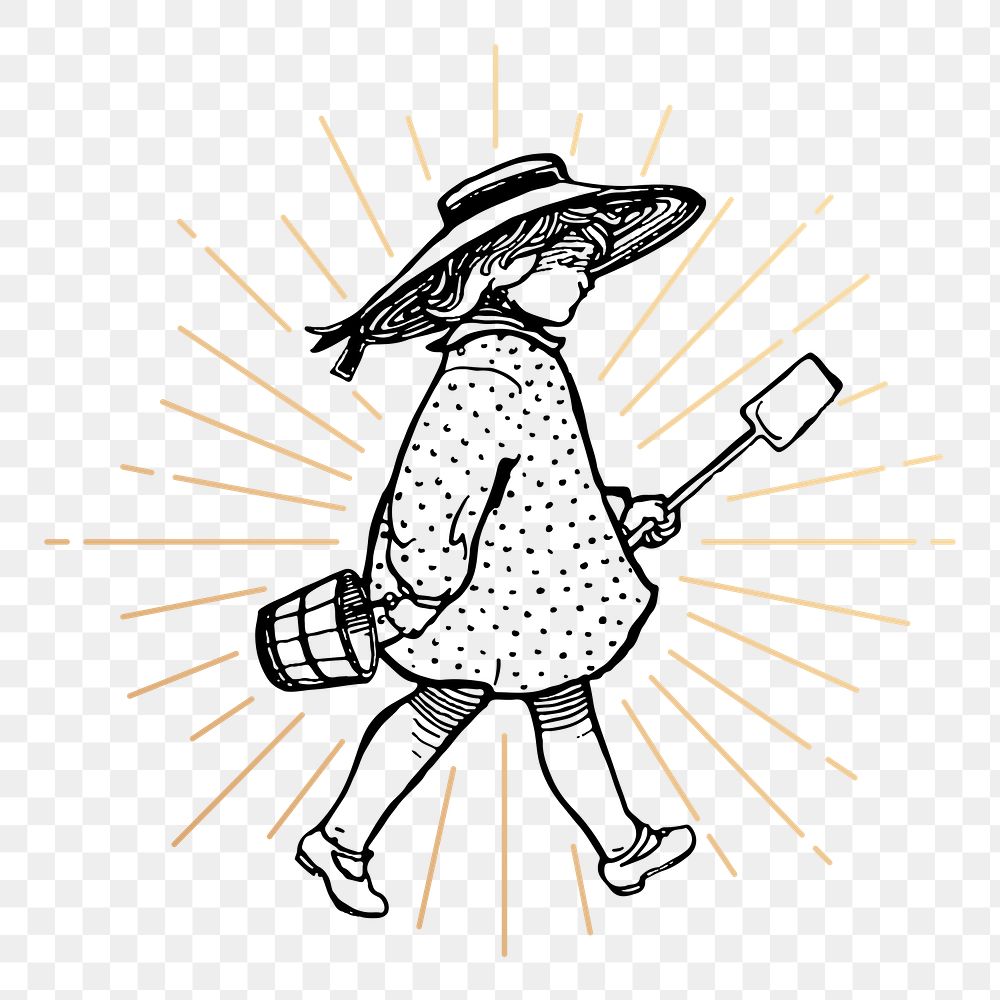 Png girl holding shovel sticker, summer vacation illustration, transparent background