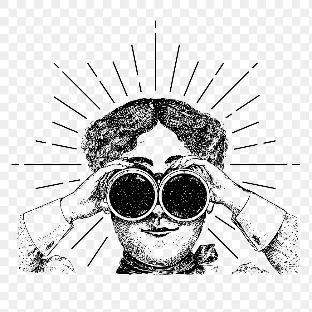Png adventurer using binoculars sticker, vintage illustration, transparent background