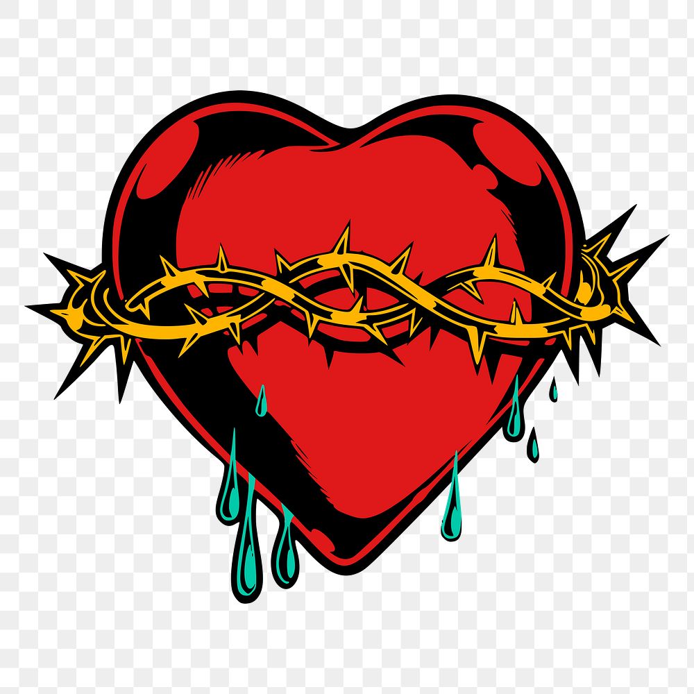 Png red sacred heart sticker, vintage goth illustration, transparent background