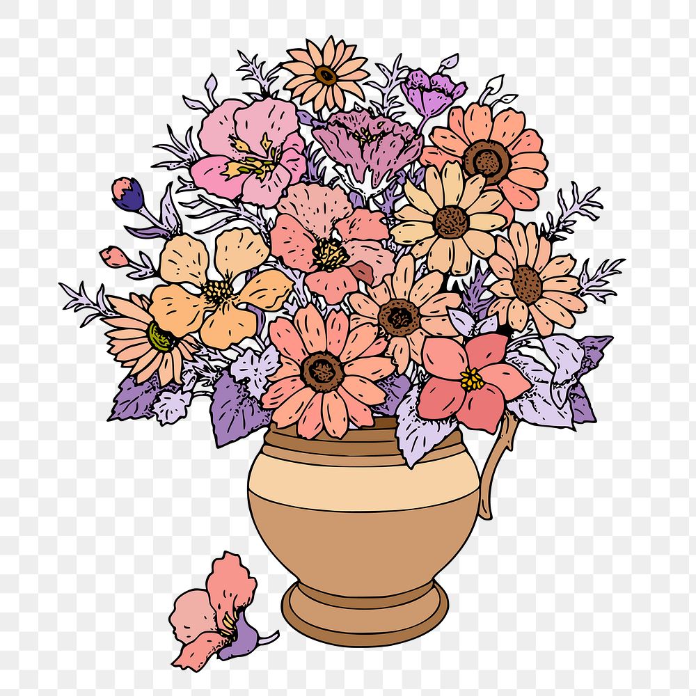 Png flower vase sticker, botanical aesthetic, vintage illustration, transparent background