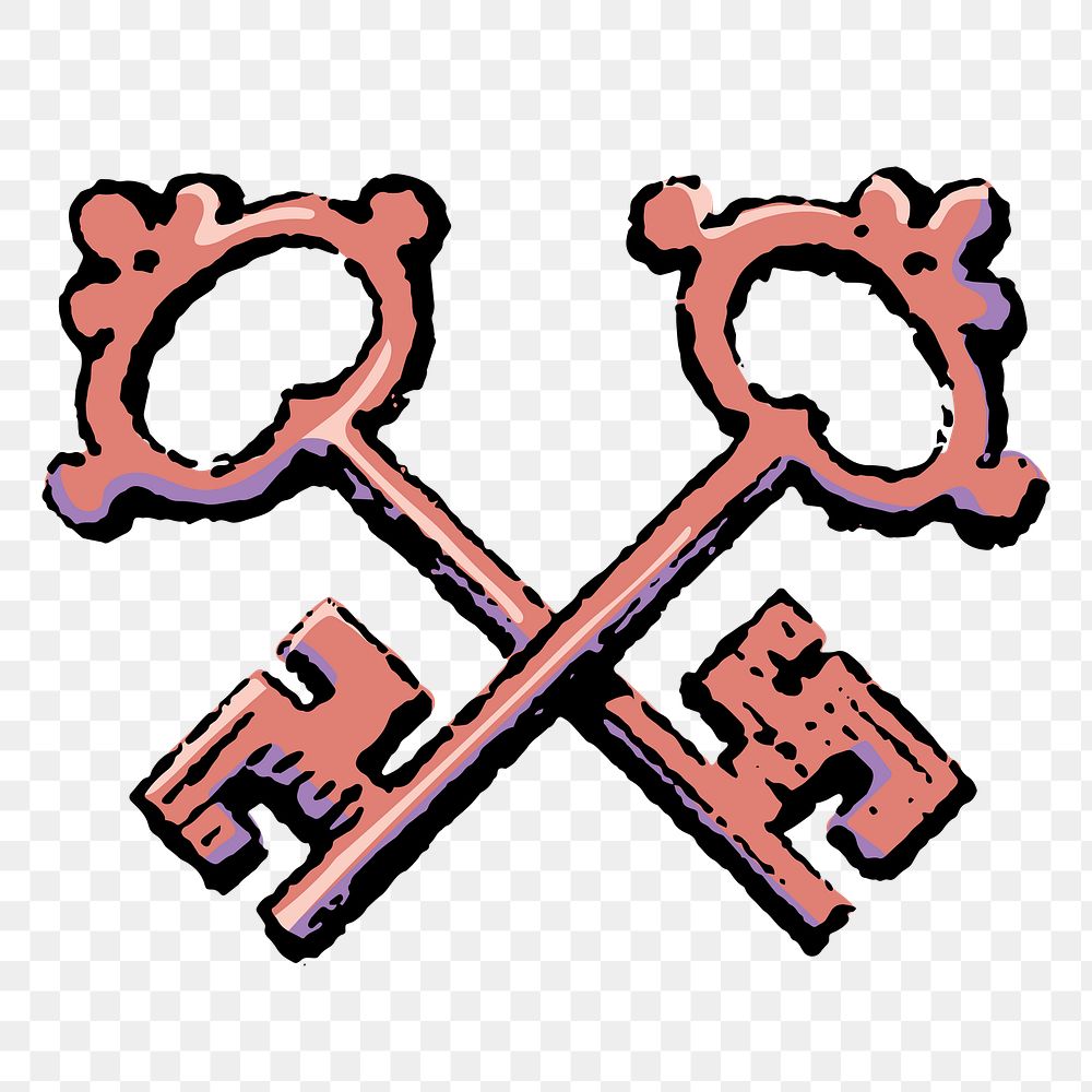 Crossed keys png sticker, vintage object illustration, transparent background