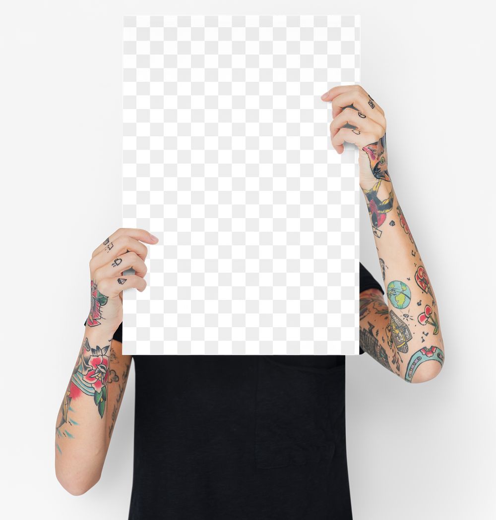 Tattooed woman showing a blank poster mockup transparent png