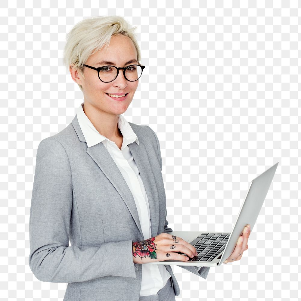Businesswoman portrait png sticker, holding laptop, transparent background