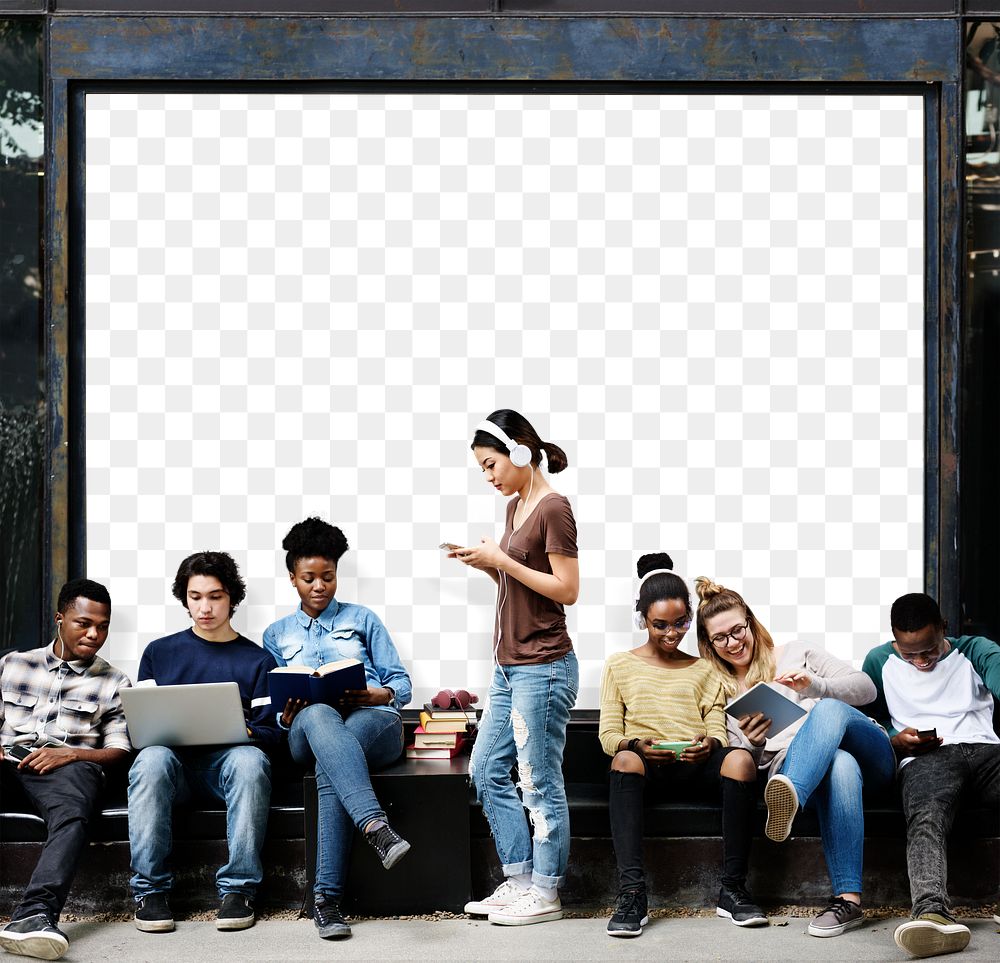 Students using devices at a bus stop with billboard mockup transparent png
