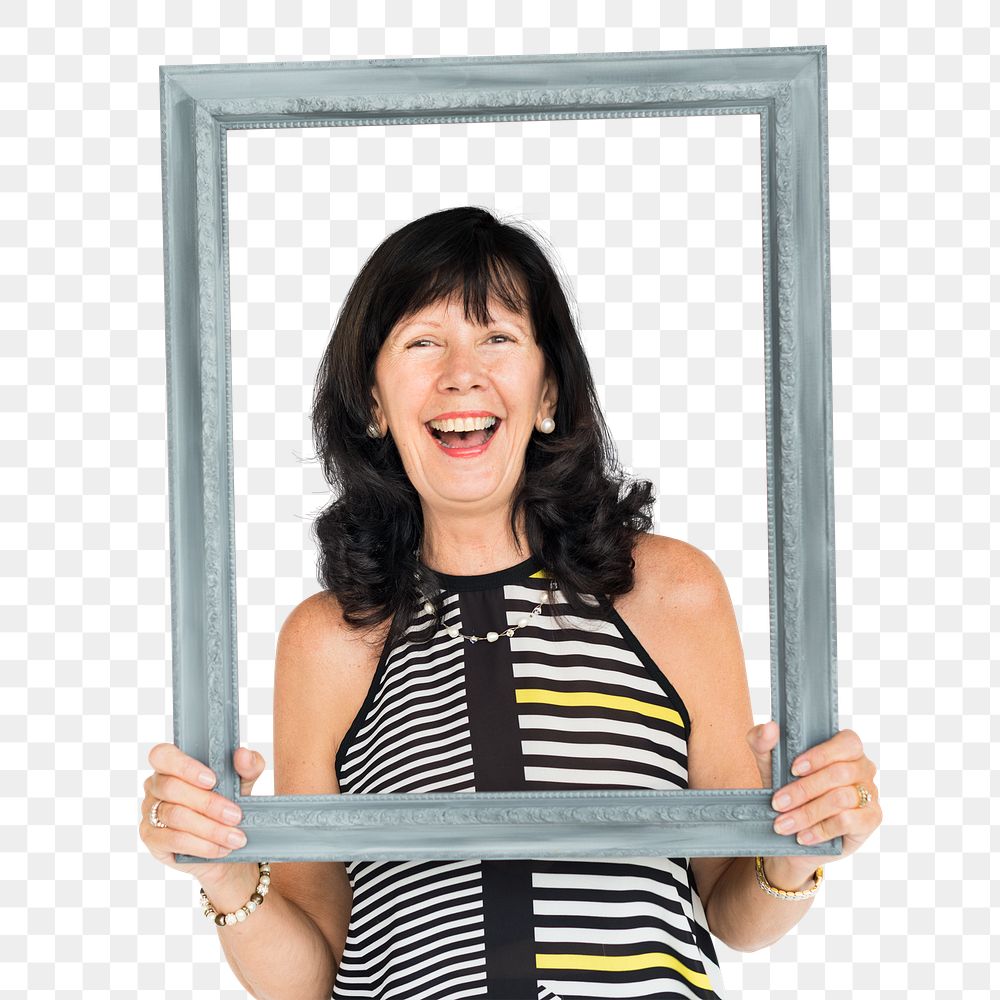 Cheerful woman png sticker, holding picture frame, transparent background