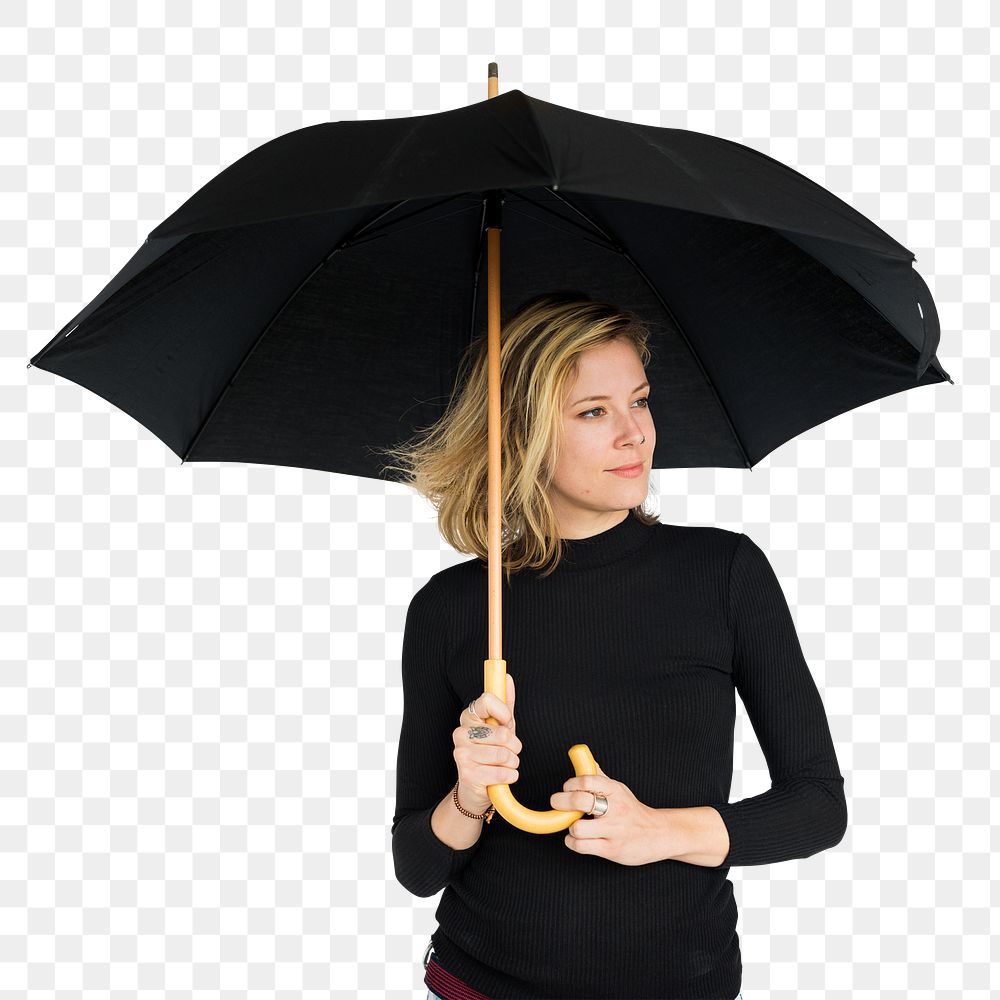 Woman holding umbrella png sticker, transparent background