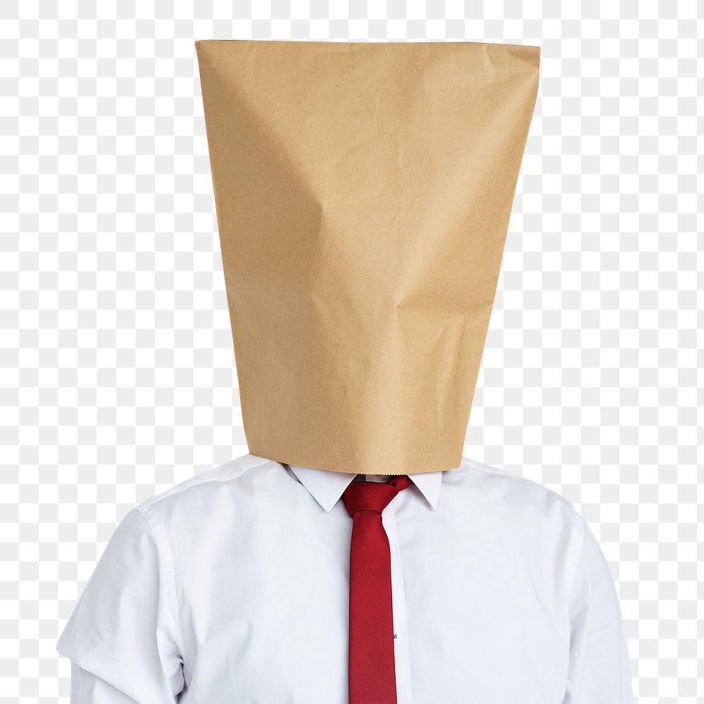 Png man in paper bag, ashamed portrait, transparent background