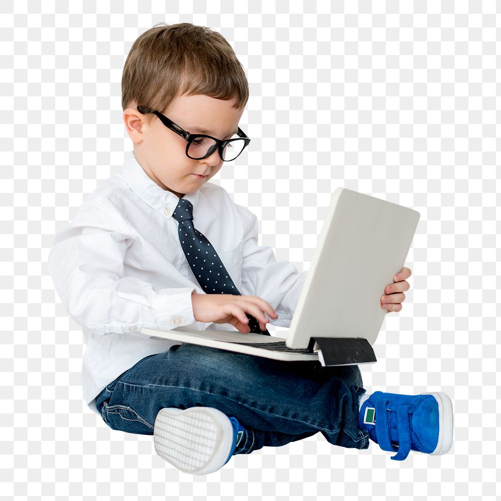 Kid using laptop png sticker, business concept,  transparent background