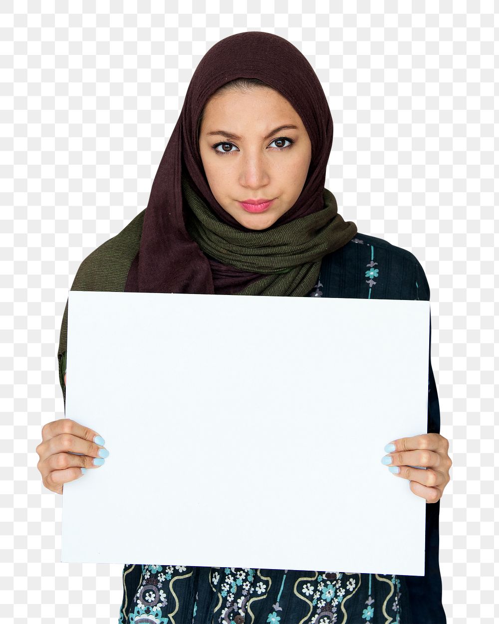 Muslim woman png clipart, holding blank sign, transparent background