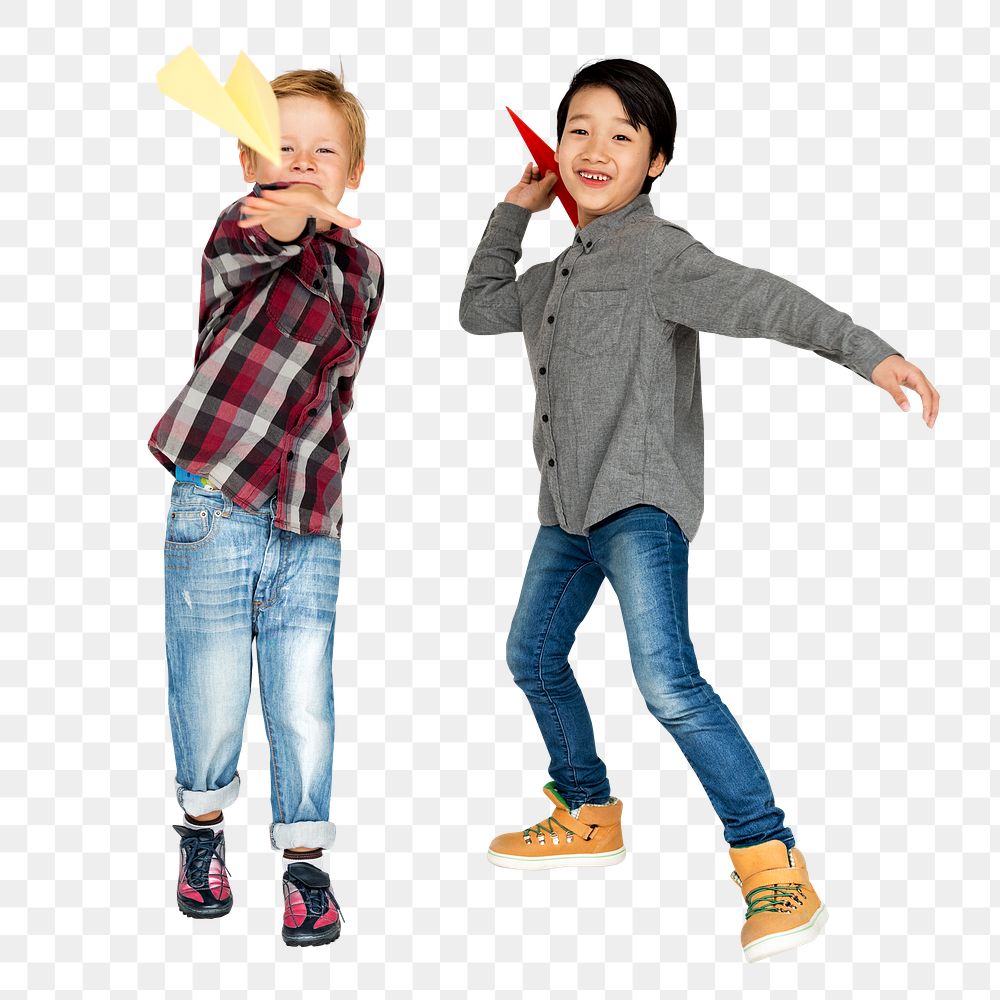 Png boys playing paper planes clipart, transparent background