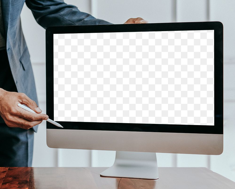 Businessman presenting a project on a computer desktop mockup transparent png