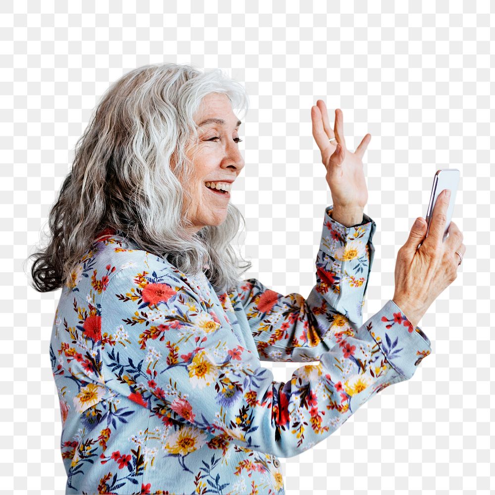 Happy woman waving hello to a smartphone social template