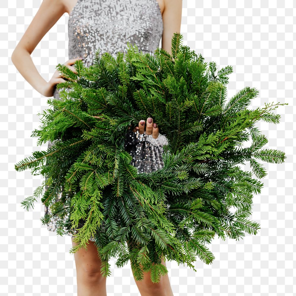 Woman holding a green Christmas wreath  transparent png
